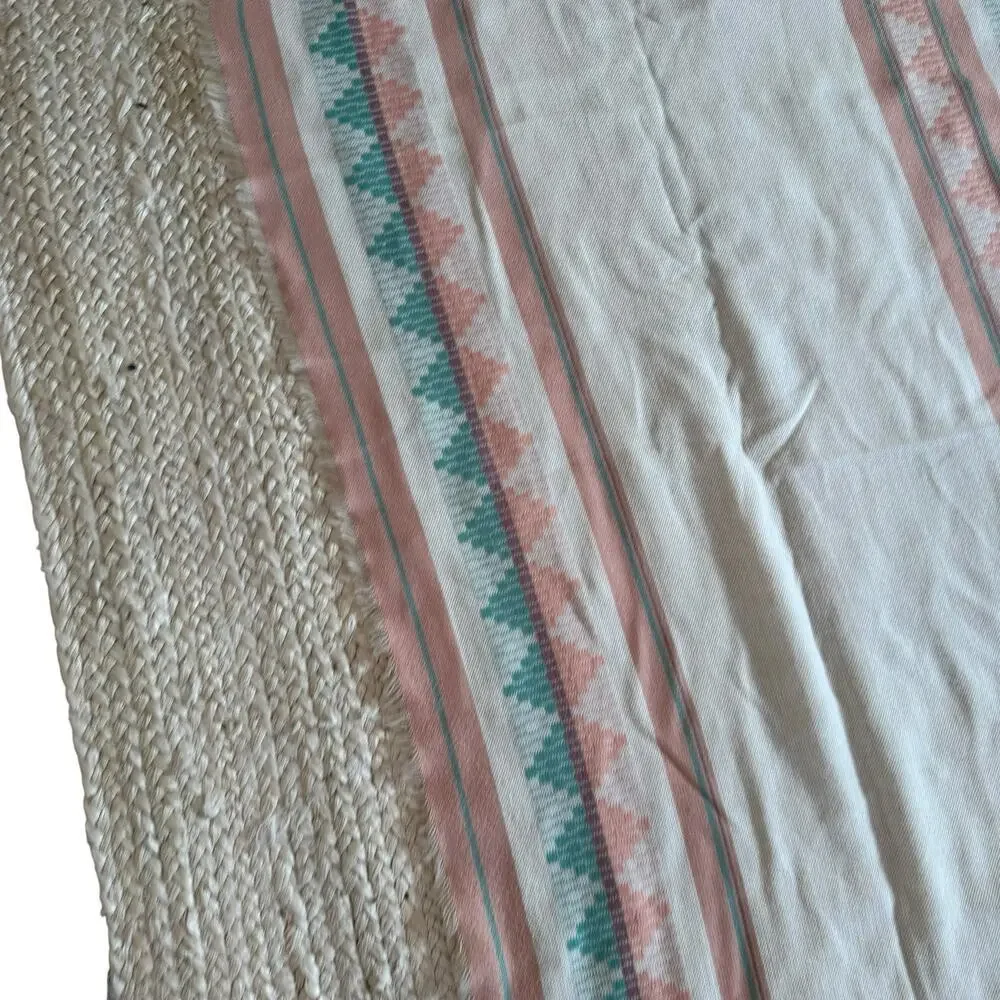 Tablecloth Napkin Set 84”x57” Aztec Striped Peach Aqua Mid Century Fringe